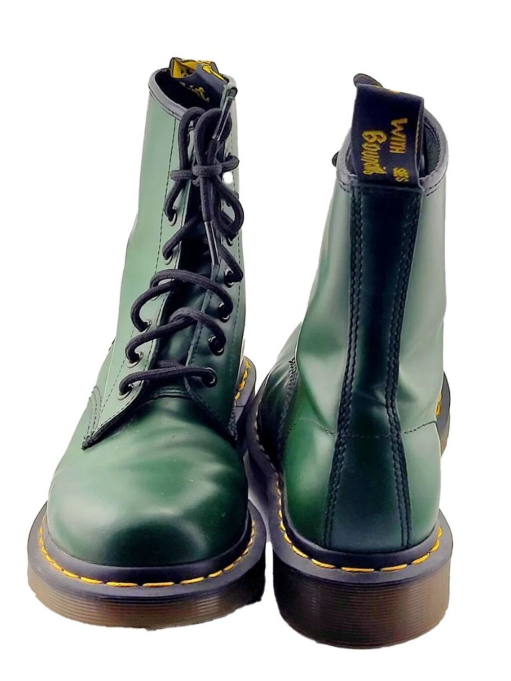 Dr. Martens 1460 Dark Green Lace Up Combat Boots Yellow Stitching Size 8 Exc Con - Picture 2 of 16